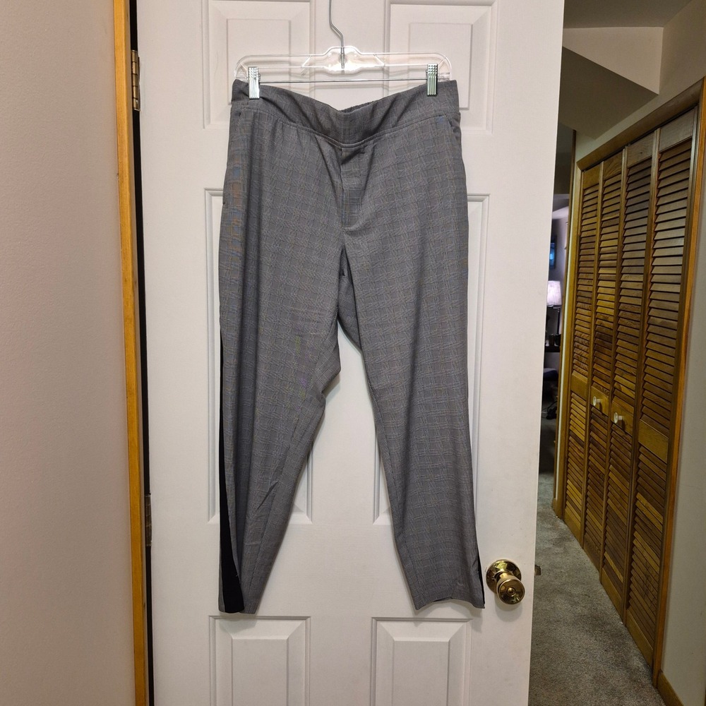 Athleta Brooklyn Ankle Pant 12P Gray Plaid Black Side Stripe Stretch Tapered Leg
